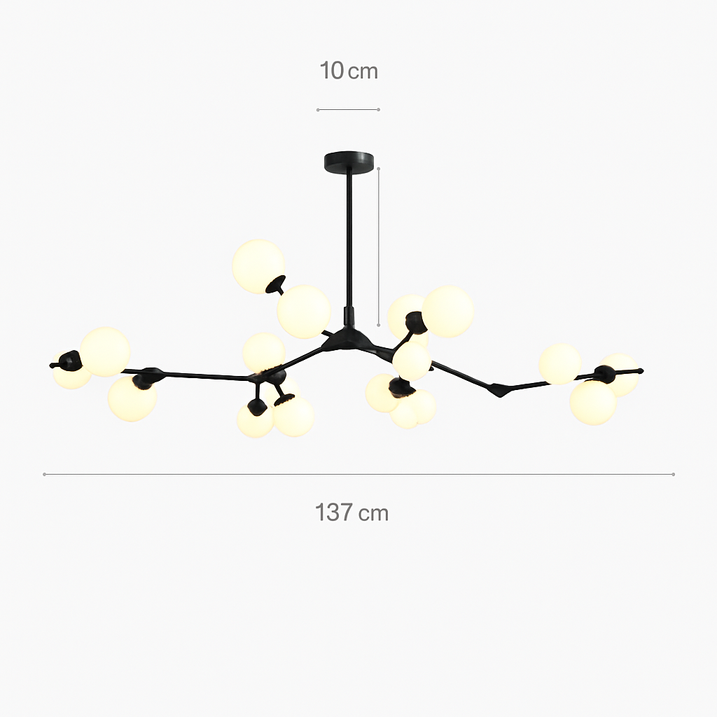 lustre moderne led avec branches d'arbre et boules de verre