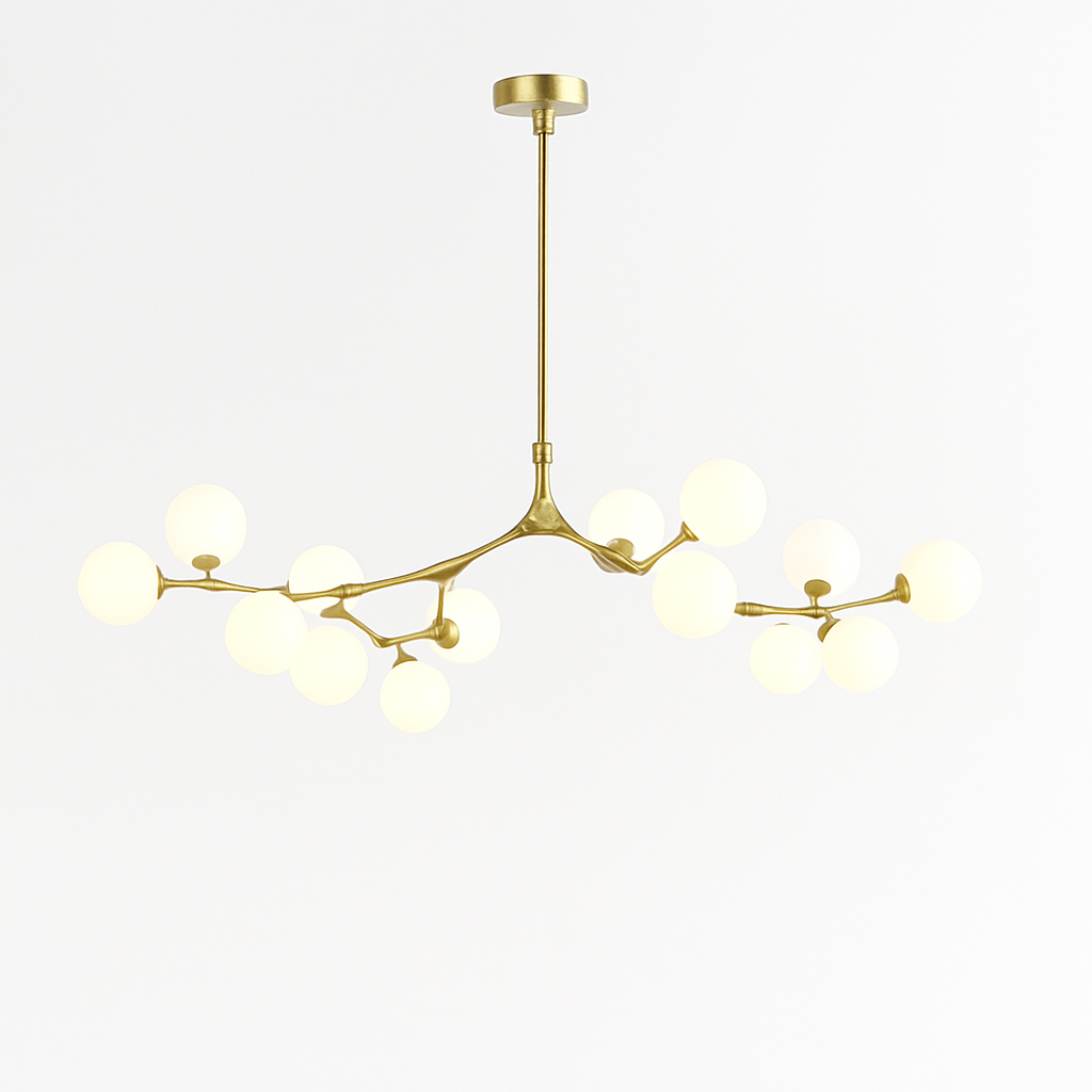 lustre moderne led avec branches d'arbre et boules de verre