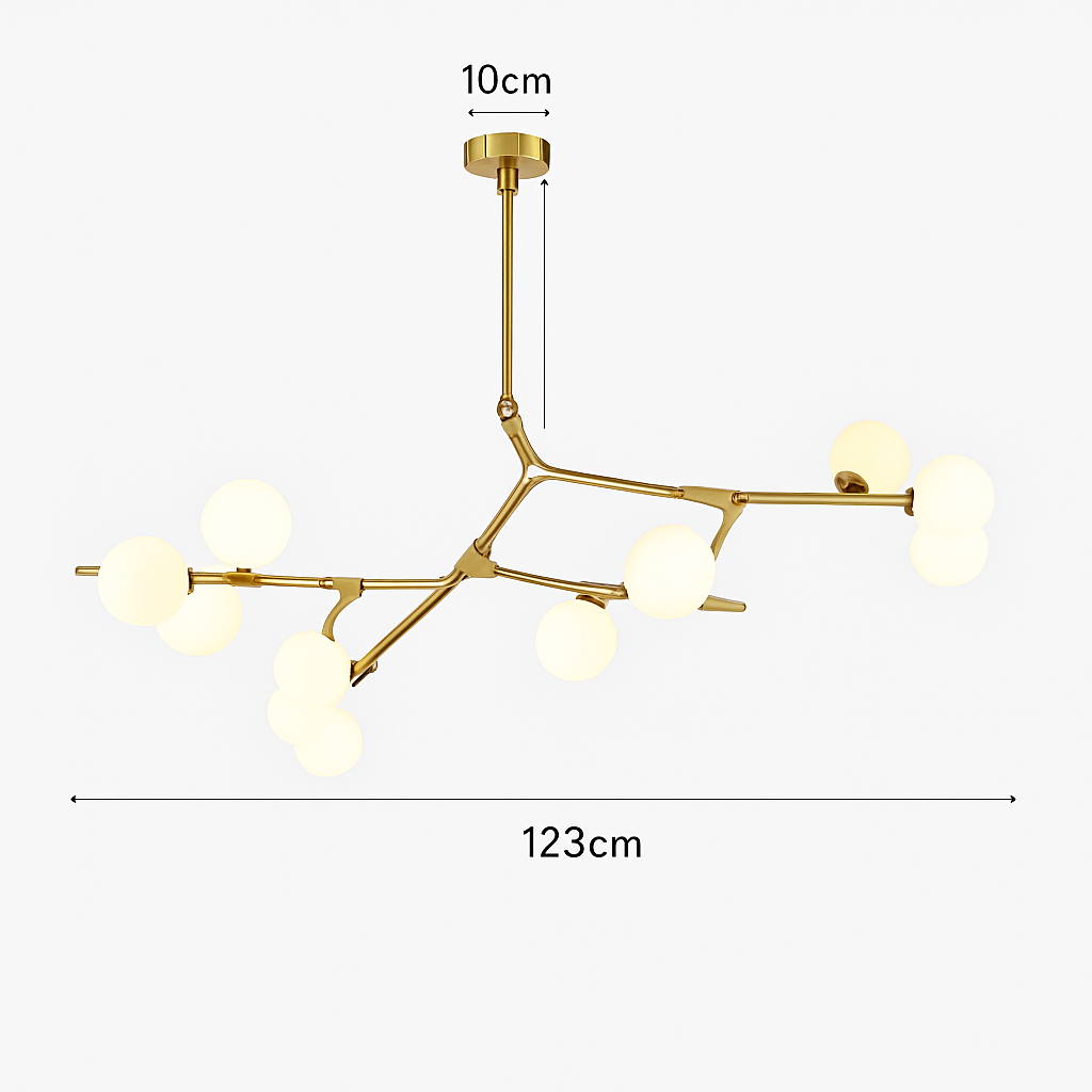 lustre moderne led avec branches d'arbre et boules de verre