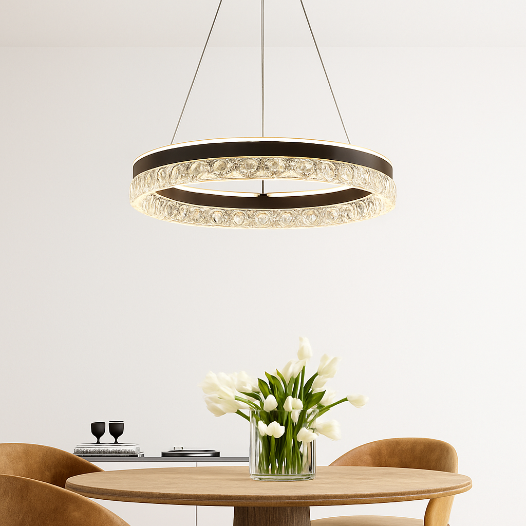 lustre moderne minimaliste led avec anneaux en cristal