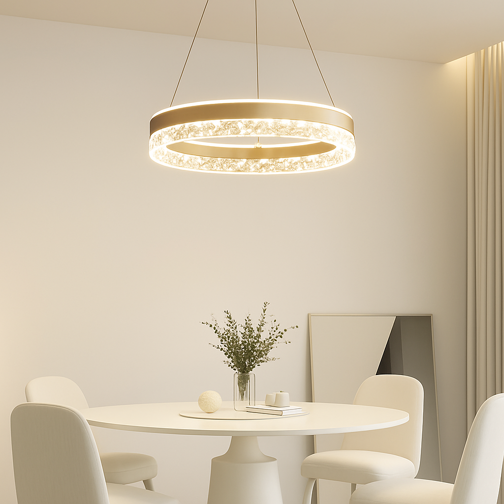 lustre moderne minimaliste led avec anneaux en cristal