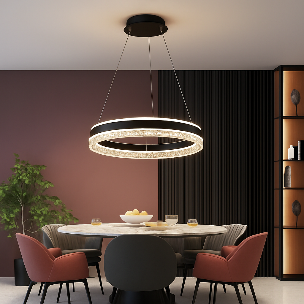lustre moderne minimaliste led avec anneaux en cristal