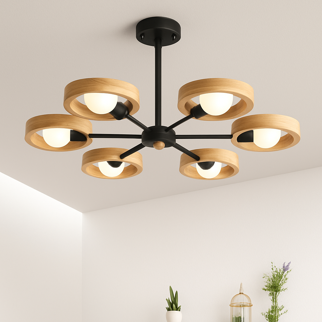 lustre nordique en bois avec abat-jour rond suspendu