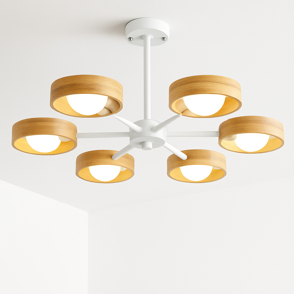 lustre nordique en bois avec abat-jour rond suspendu