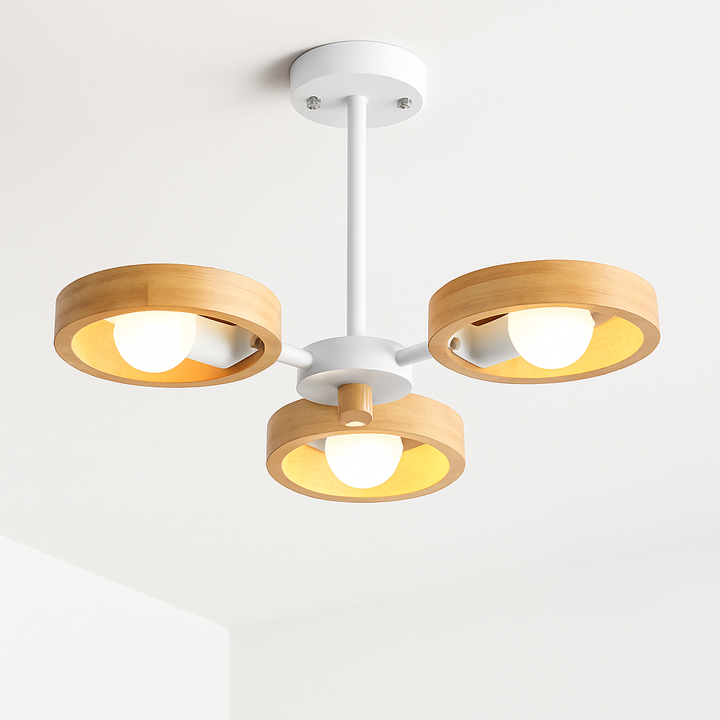 lustre nordique en bois avec abat-jour rond suspendu