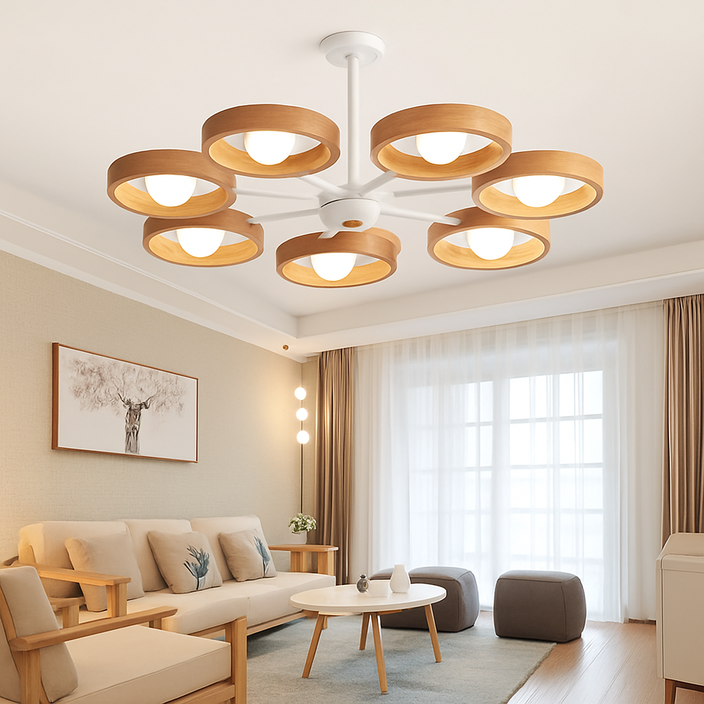 lustre nordique en bois avec abat-jour rond suspendu