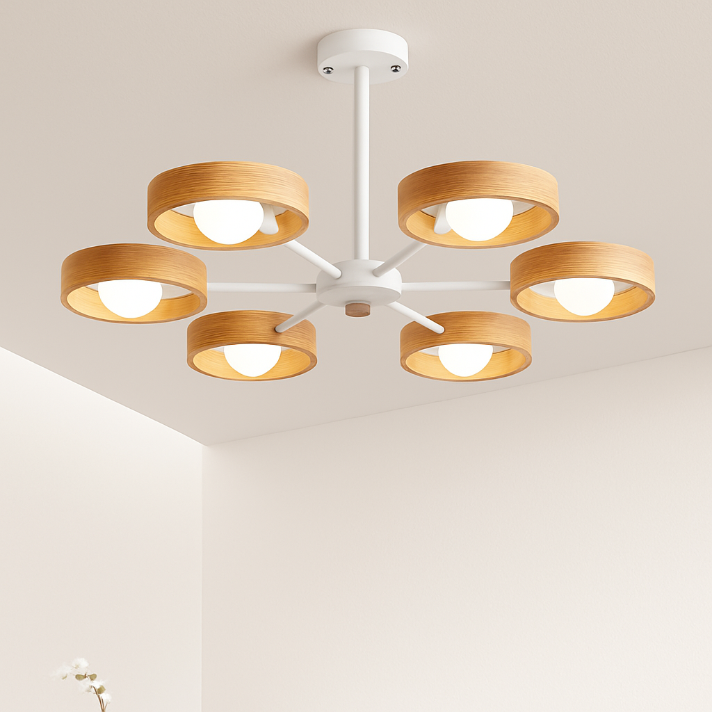 lustre nordique en bois avec abat-jour rond suspendu