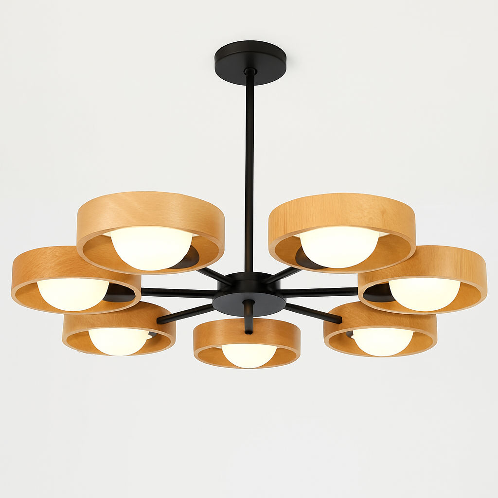 lustre nordique en bois avec abat-jour rond suspendu