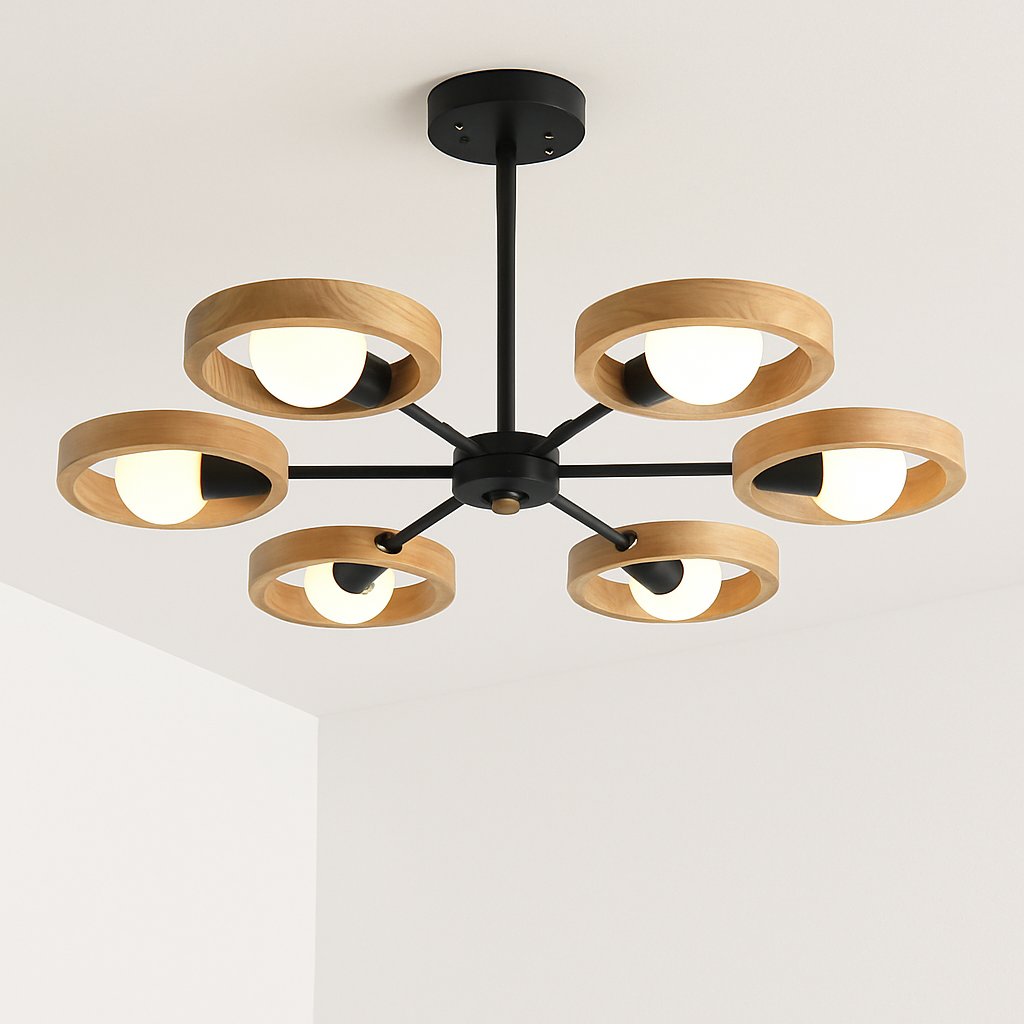 lustre nordique en bois avec abat-jour rond suspendu