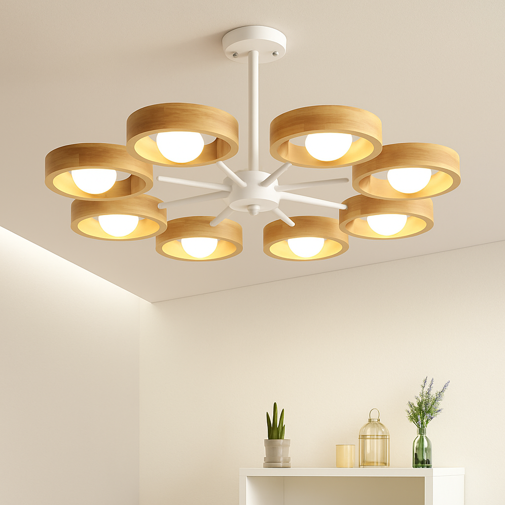 lustre nordique en bois avec abat-jour rond suspendu