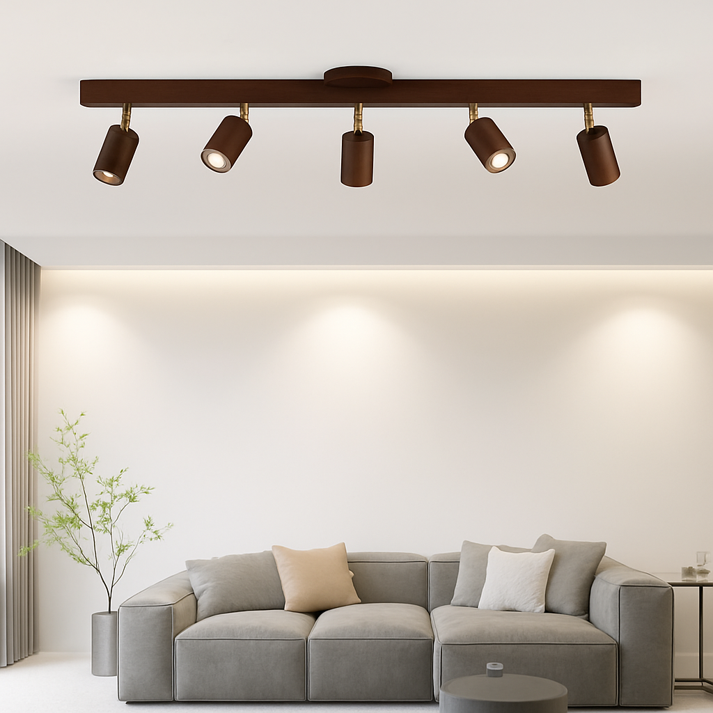 lustre nordique en bois de noyer avec projecteurs pour photos
