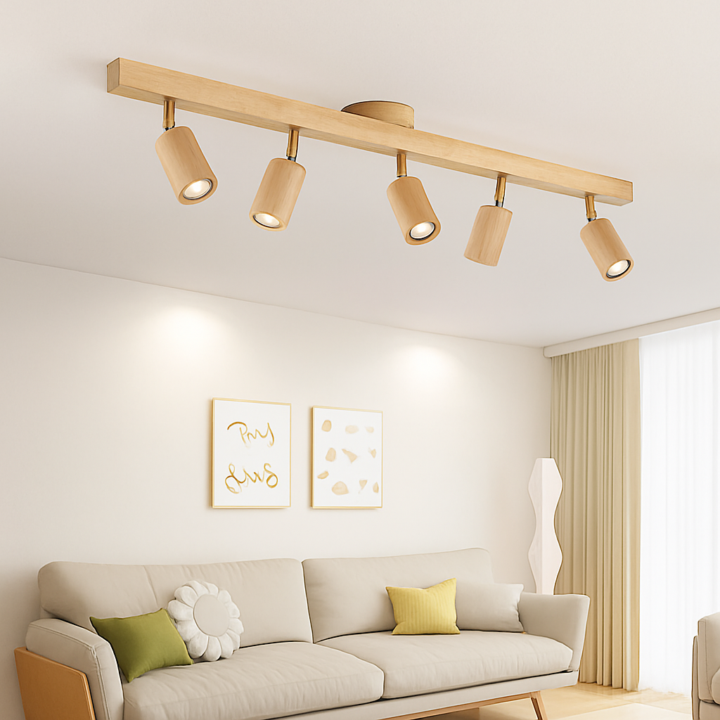 lustre nordique en bois de noyer avec projecteurs pour photos