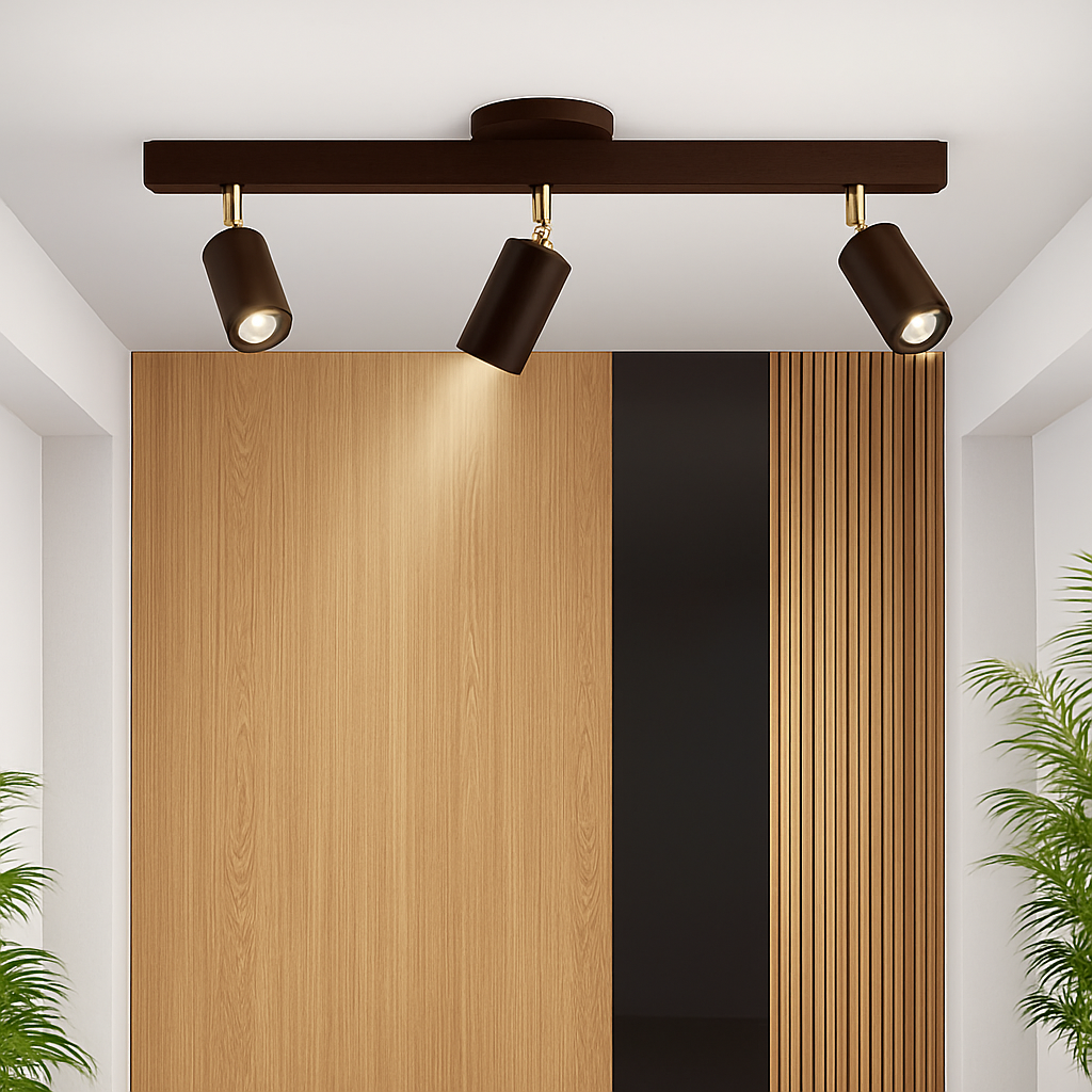 lustre nordique en bois de noyer avec projecteurs pour photos