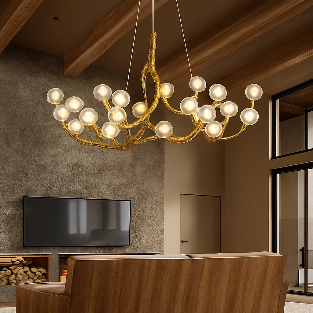 lustre nordique rétro en verre led avec branche d'arbre