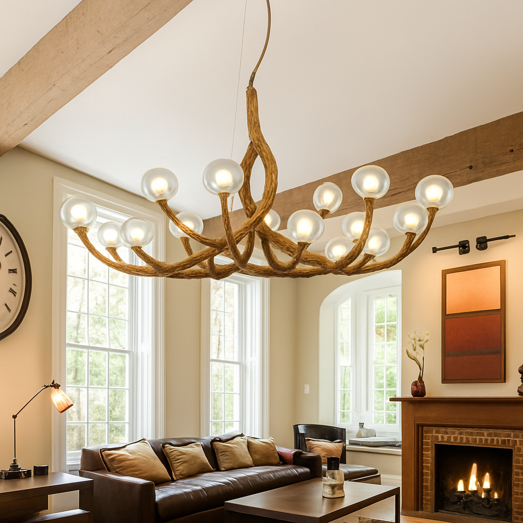 lustre nordique rétro en verre led avec branche d'arbre