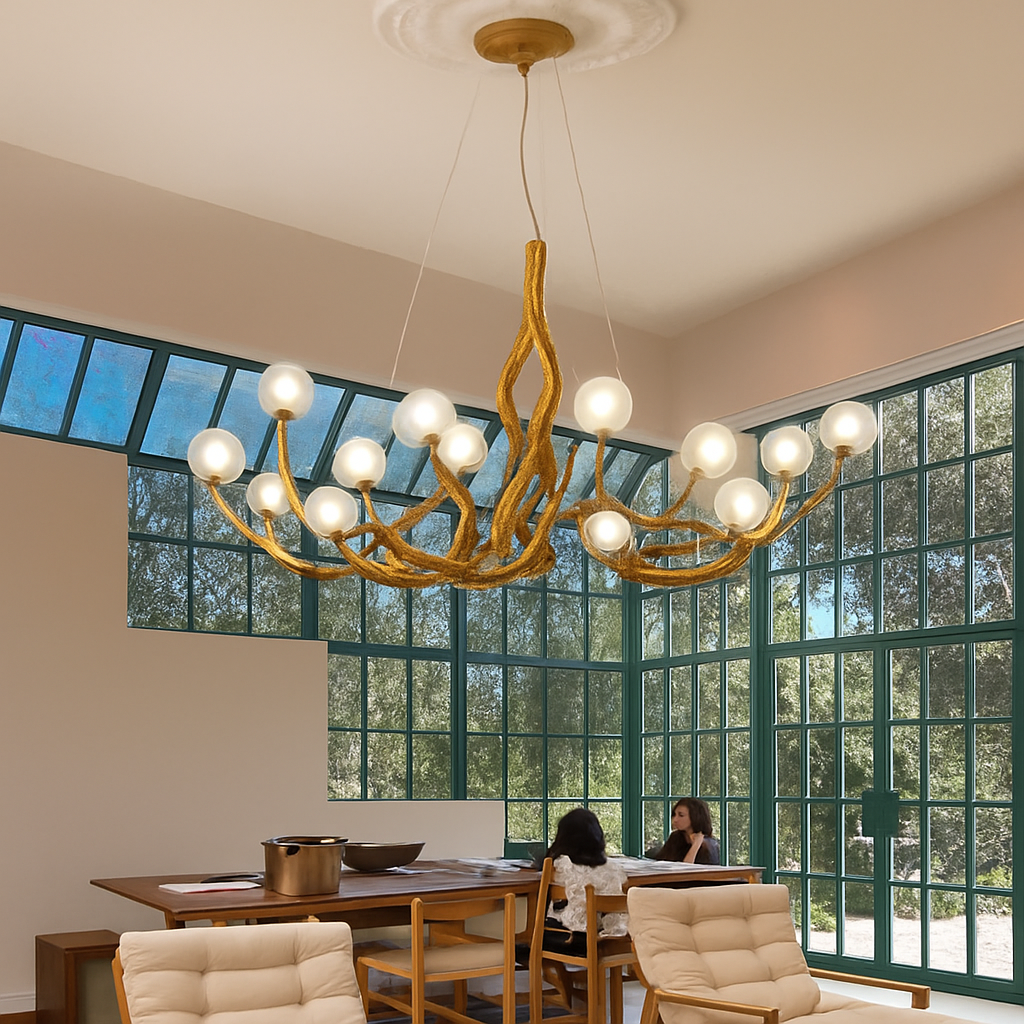 lustre nordique rétro en verre led avec branche d'arbre