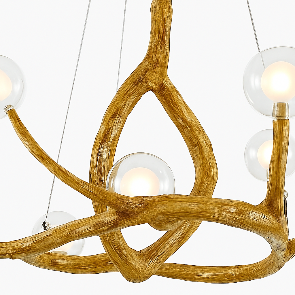 lustre nordique rétro en verre led avec branche d'arbre