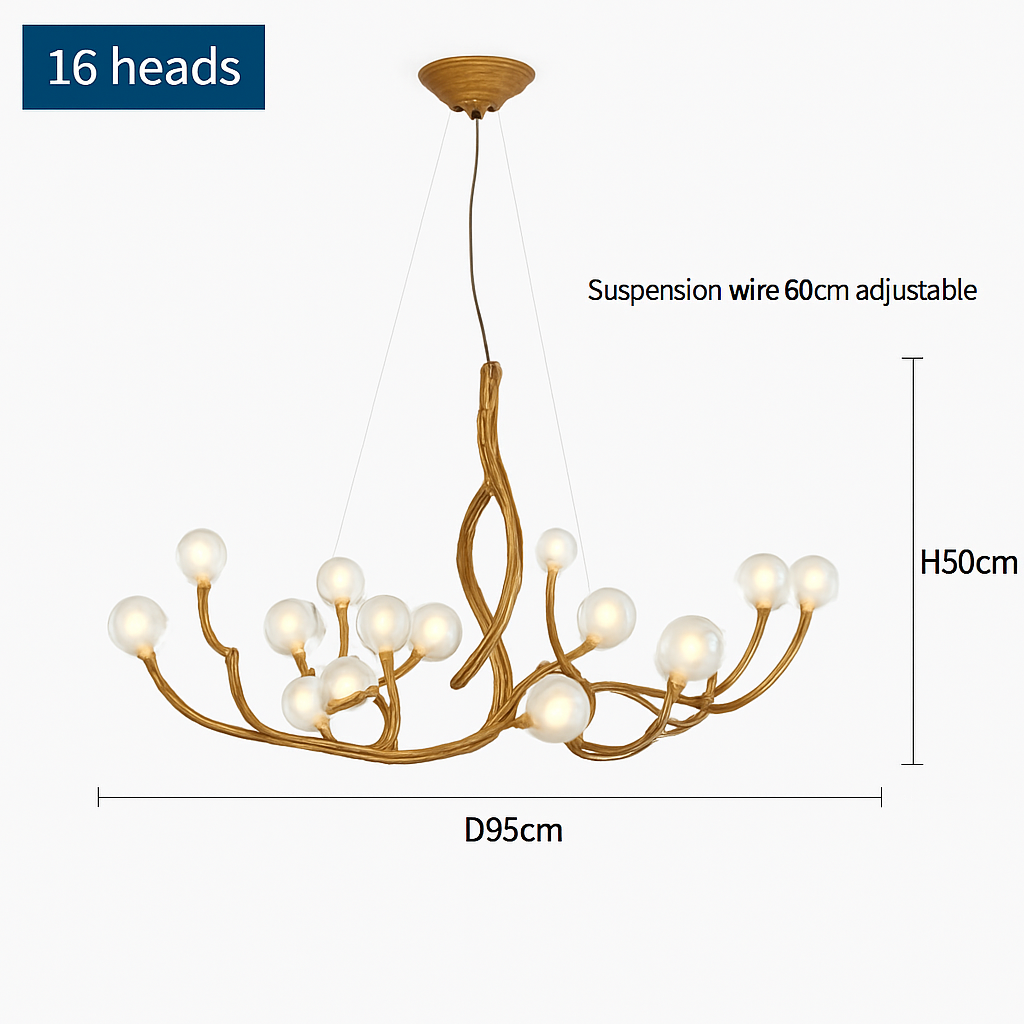 lustre nordique rétro en verre led avec branche d'arbre
