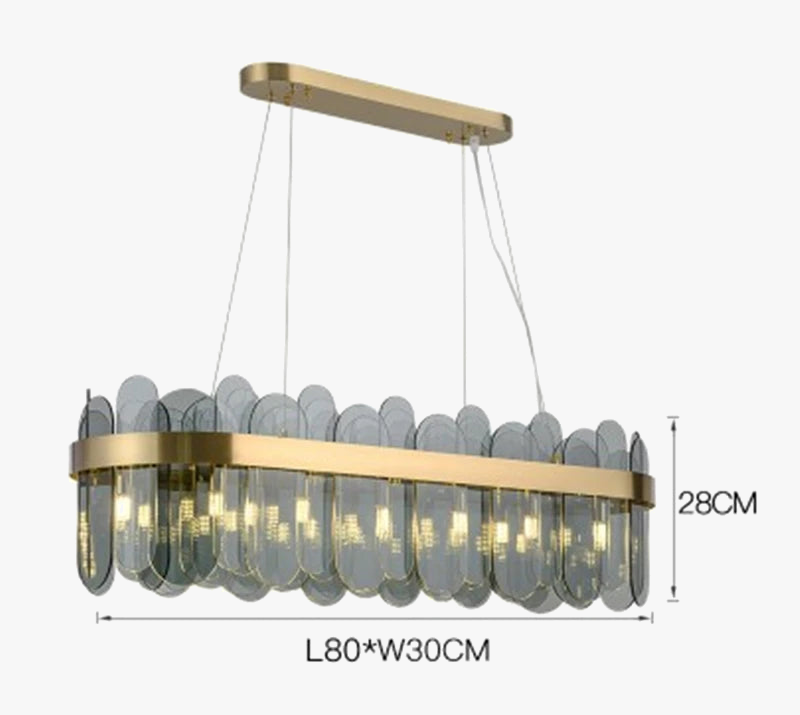 lustre ovale en métal doré avec abat-jour en verre suspendu