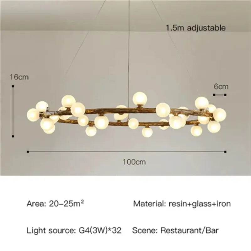 lustre rétro en forme de branche d'arbre en bois et verre