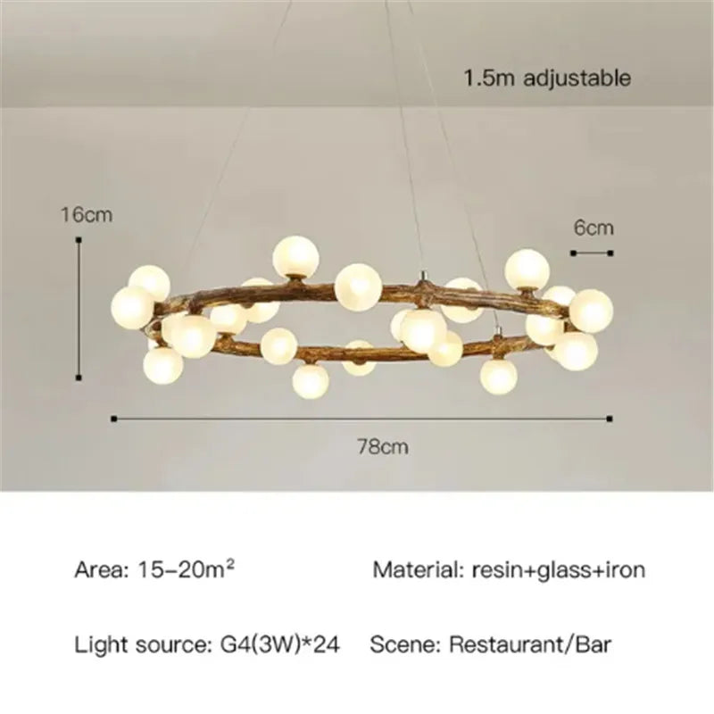 lustre rétro en forme de branche d'arbre en bois et verre