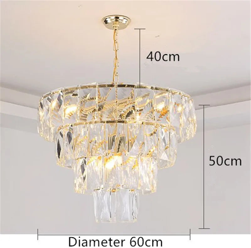 lustre rond en acier doré avec éclairage led en cristal