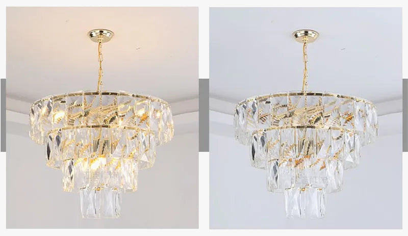 lustre rond en acier doré avec éclairage led en cristal
