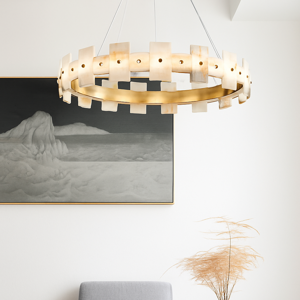 lustre rond en marbre naturel avec anneau en cuivre réglable