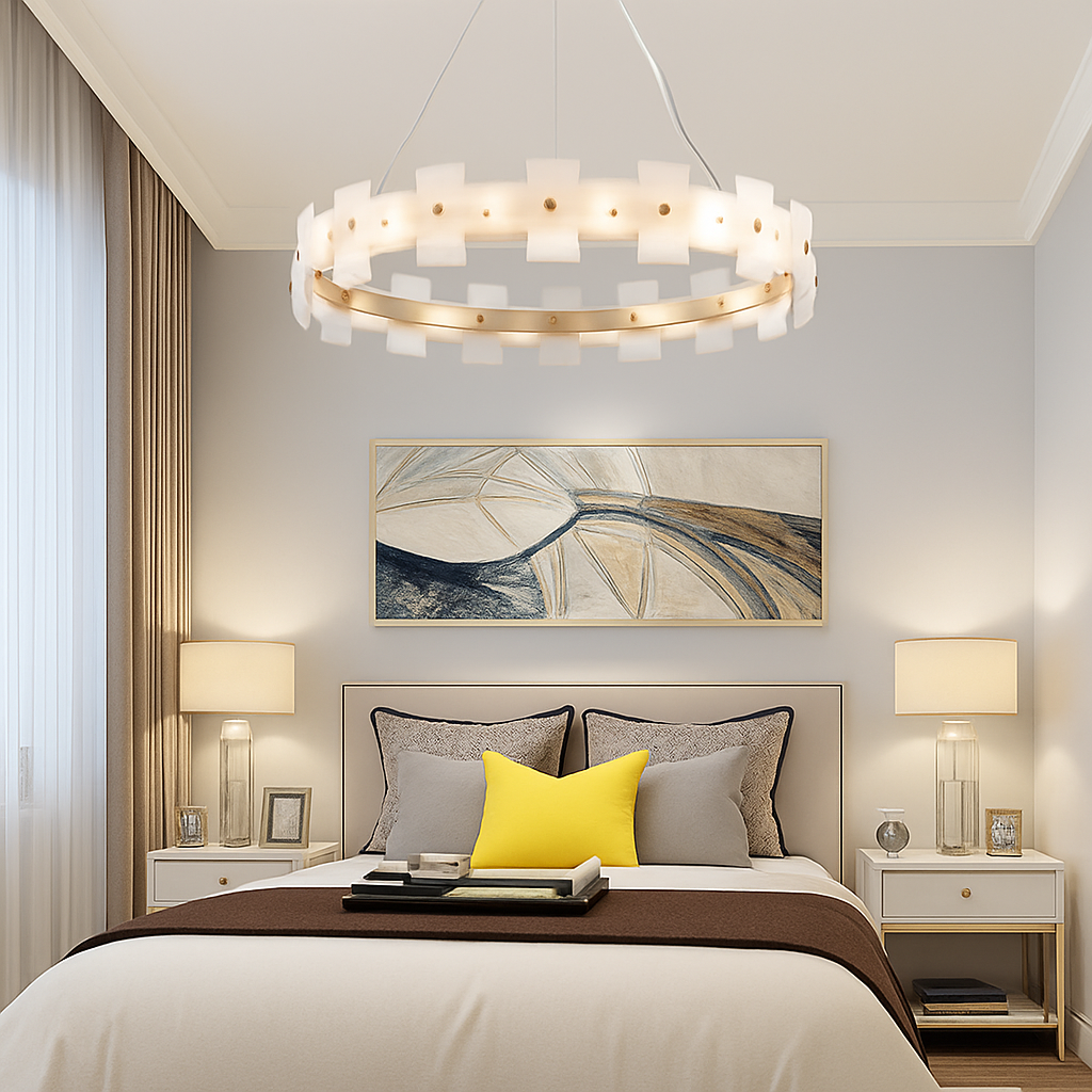 lustre rond en marbre naturel avec anneau en cuivre réglable