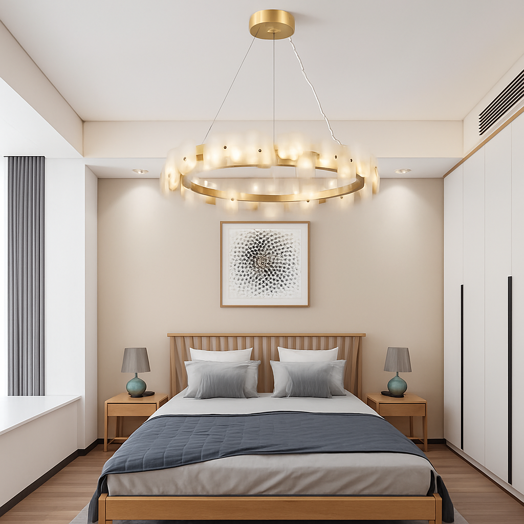 lustre rond en marbre naturel avec anneau en cuivre réglable