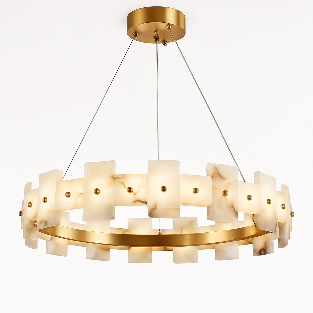 lustre rond en marbre naturel avec anneau en cuivre réglable