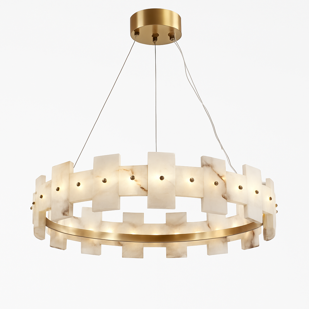 lustre rond en marbre naturel avec anneau en cuivre réglable