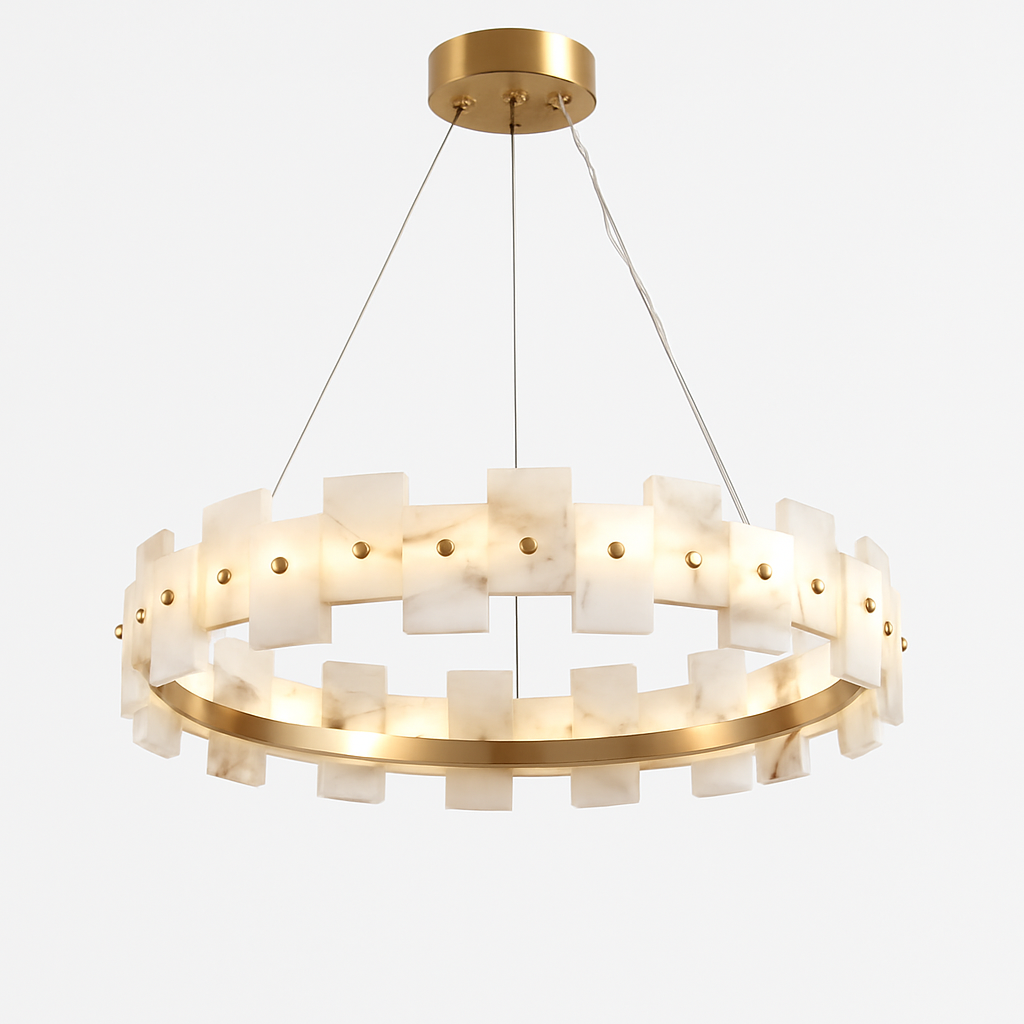 lustre rond en marbre naturel avec anneau en cuivre réglable