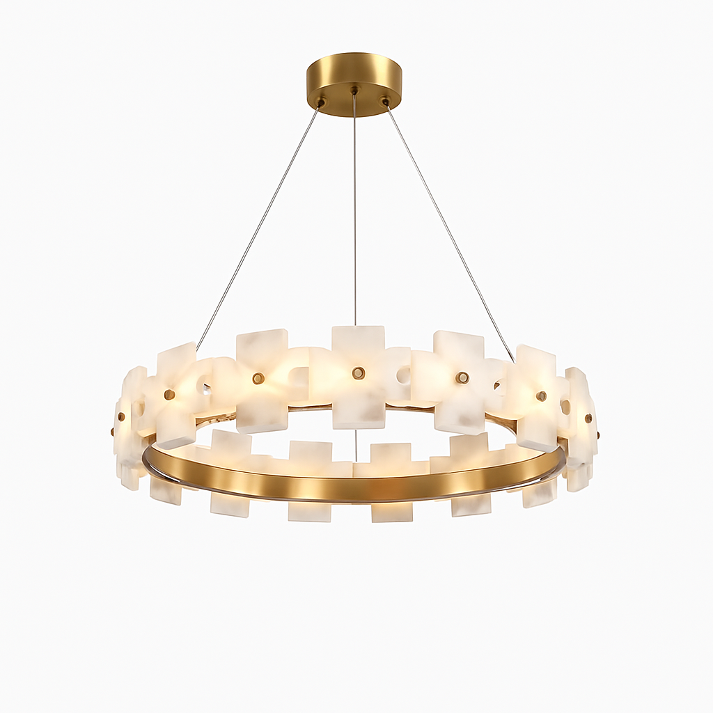 lustre rond en marbre naturel avec anneau en cuivre réglable