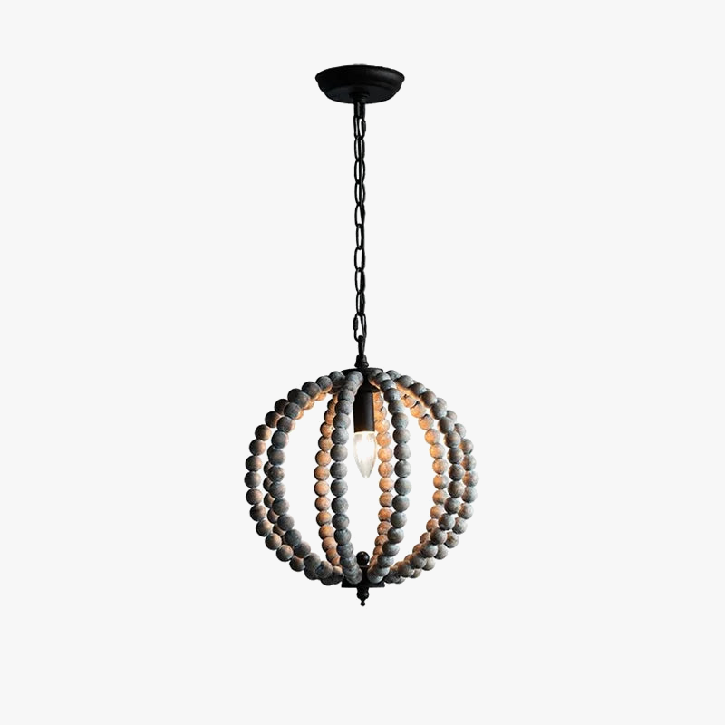 lustre rond en perles de bois style rétro rustique en fer blanc