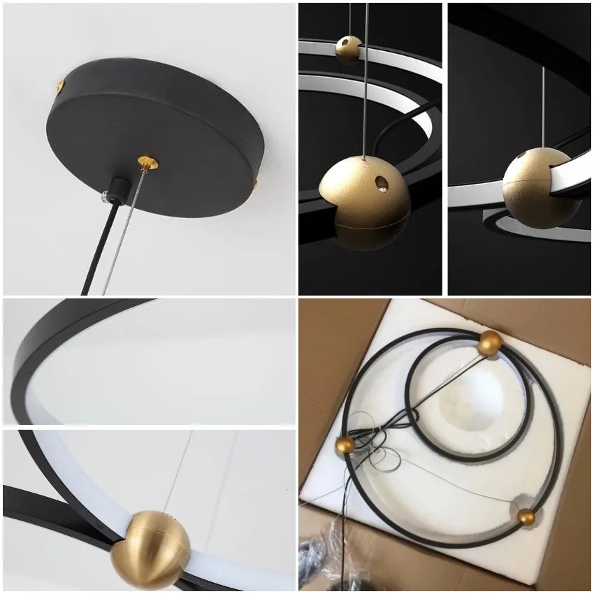 lustre sandyha multi-anneau en fer noir led design luxe