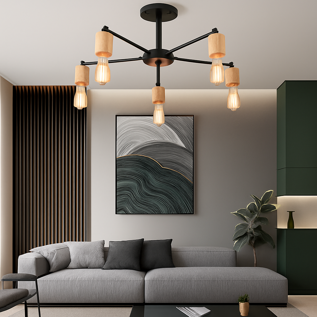 lustre sputnik industriel en bois et fer moderne