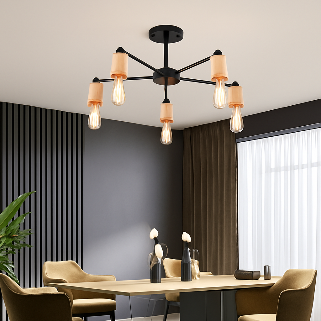 lustre sputnik industriel en bois et fer moderne