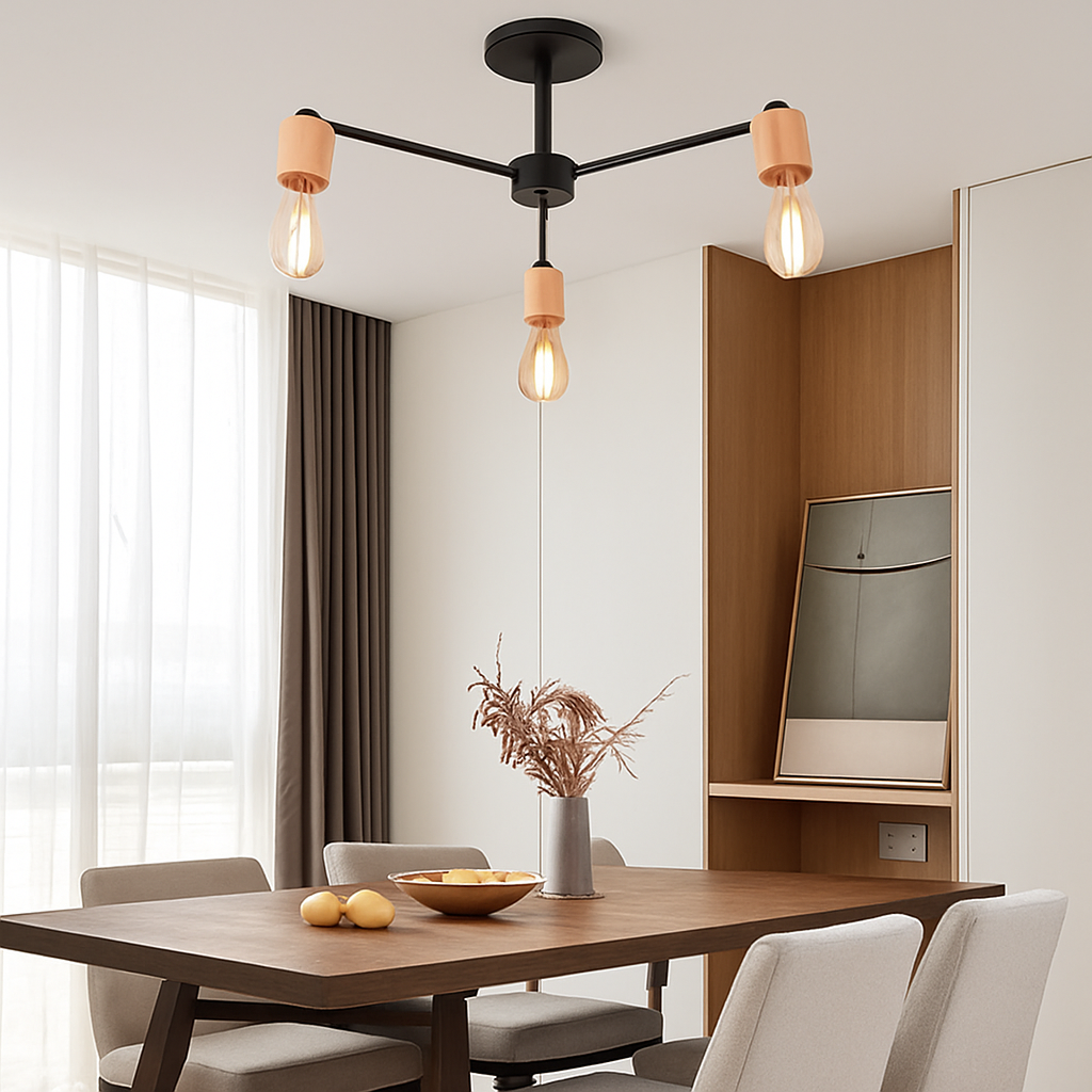 lustre sputnik industriel en bois et fer moderne