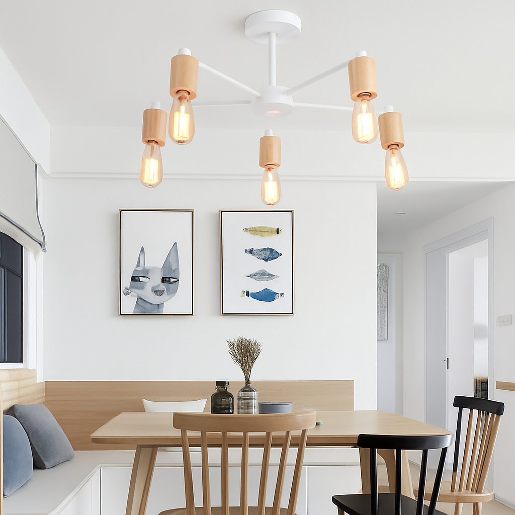 lustre sputnik industriel en bois et fer moderne