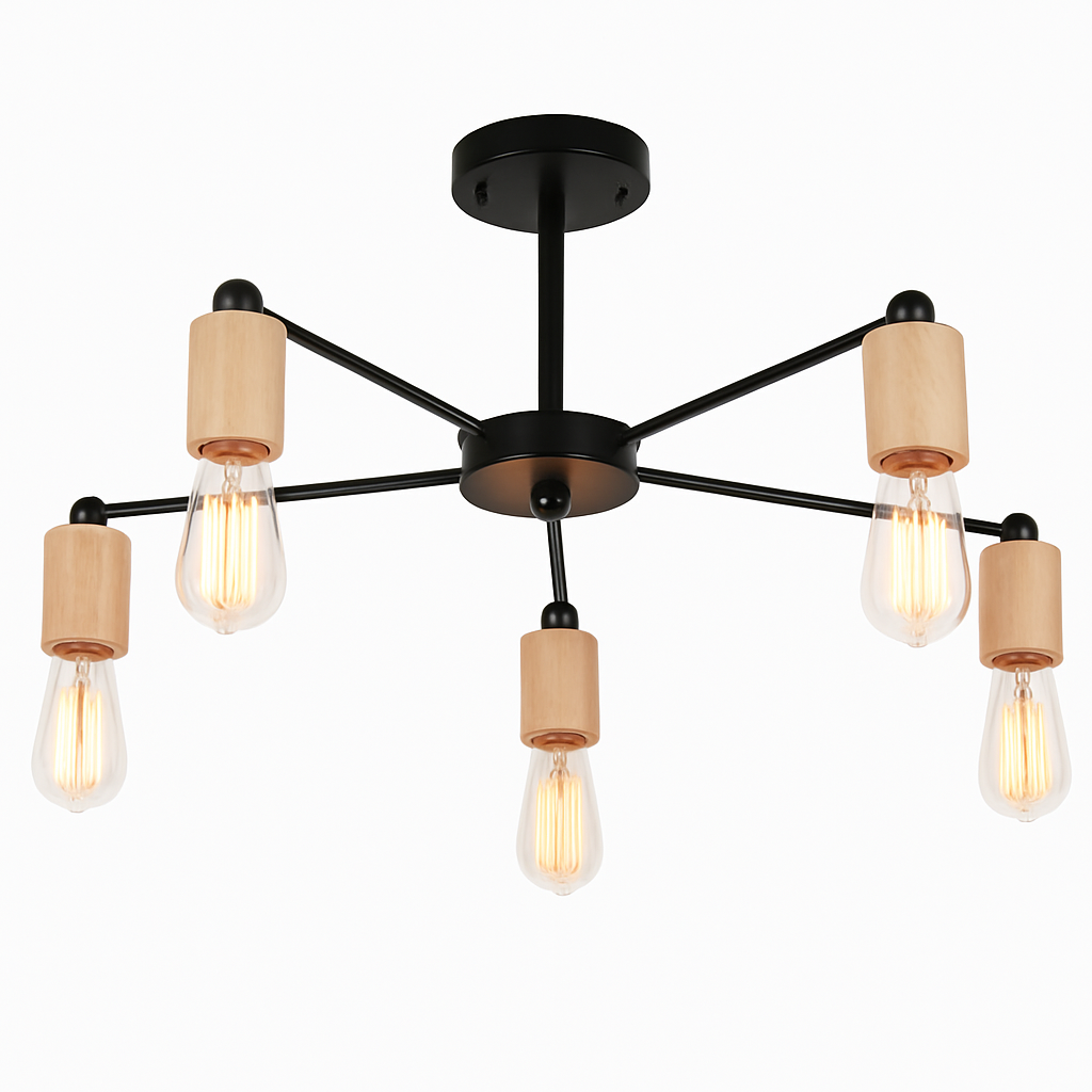 lustre sputnik industriel en bois et fer moderne