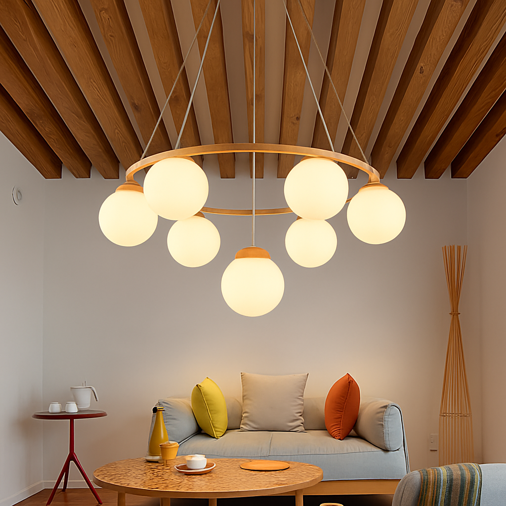 lustre suspendu en bois avec lampe en verre moderne