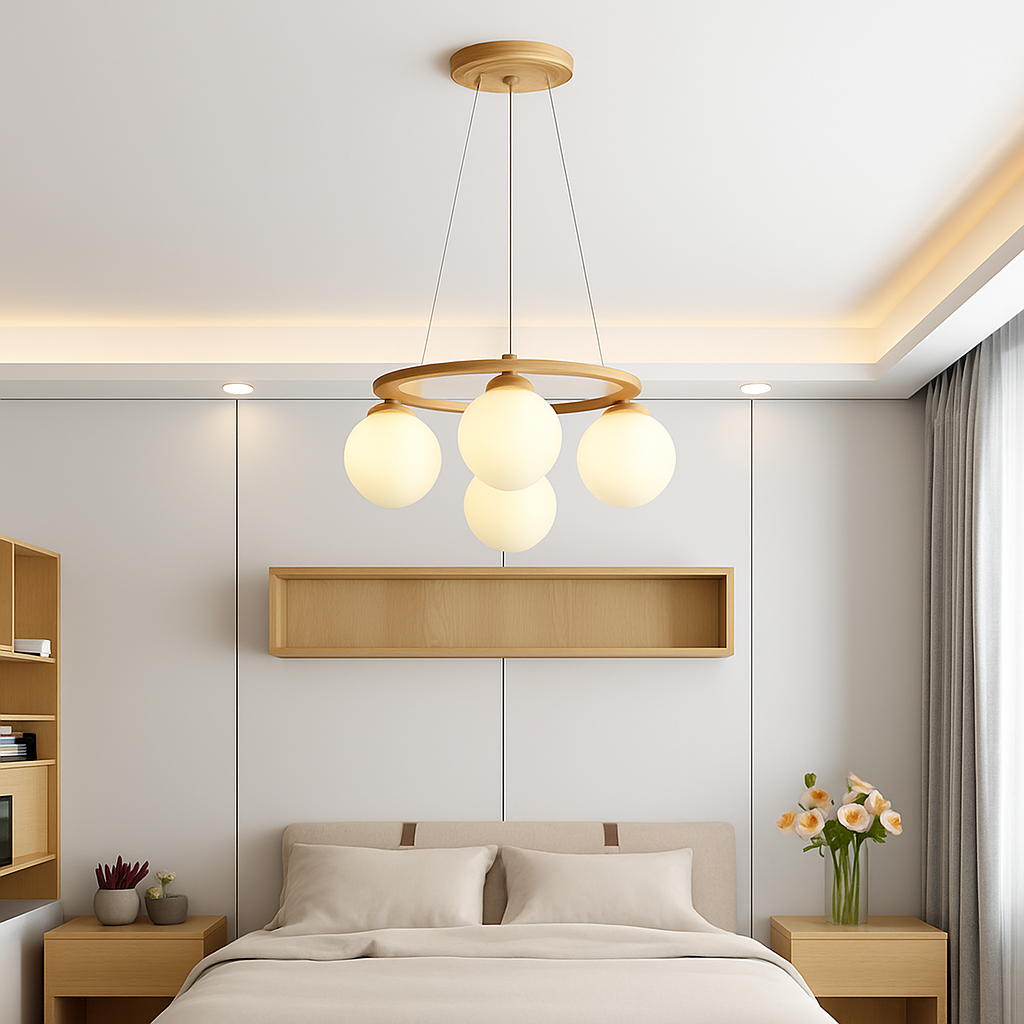 lustre suspendu en bois avec lampe en verre moderne