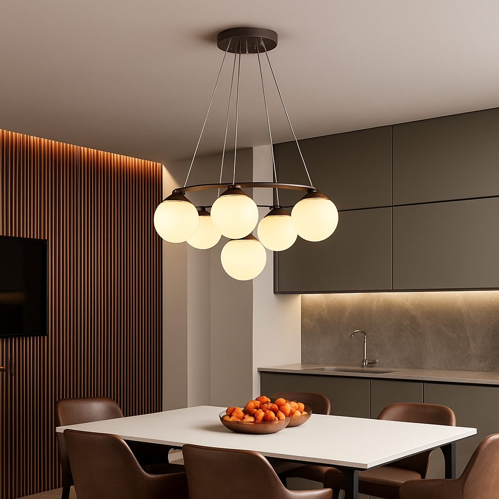 lustre suspendu en bois avec lampe en verre moderne