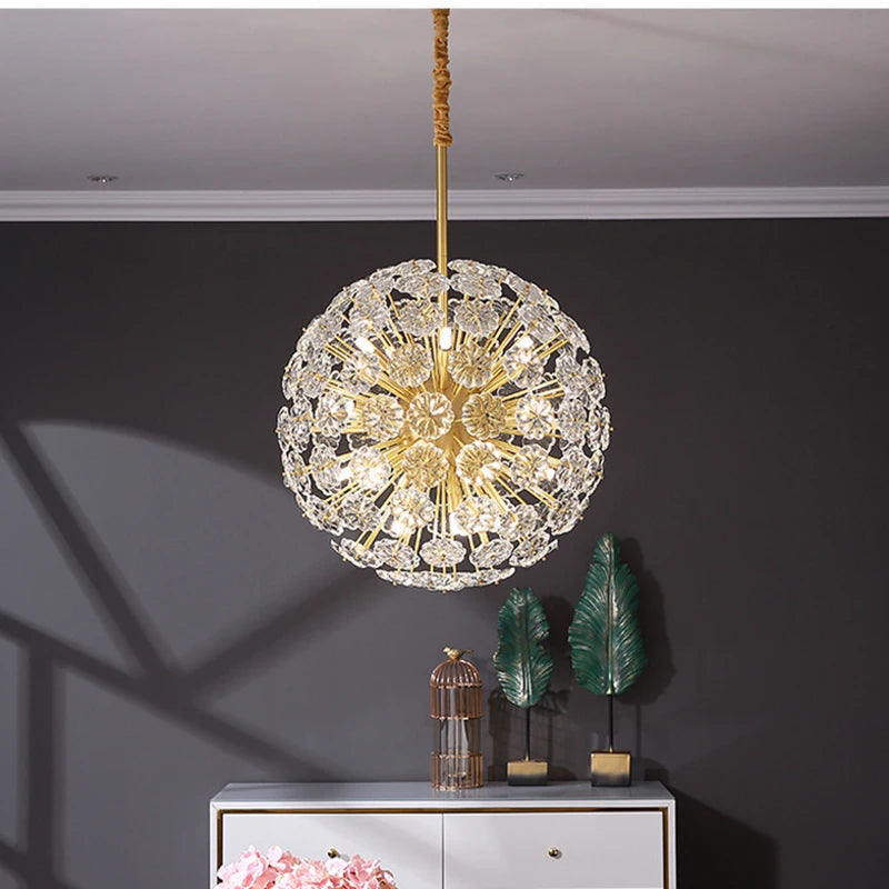 lustre suspendu en cuivre avec cristaux de pissenlit rond