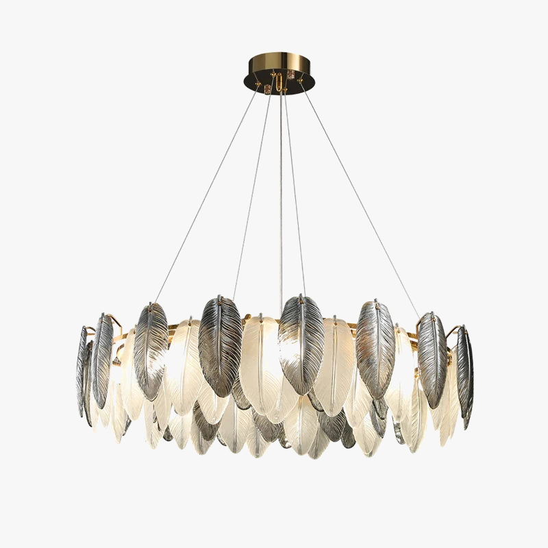 lustre suspendu led art déco en cristal et plumes blanches et grises