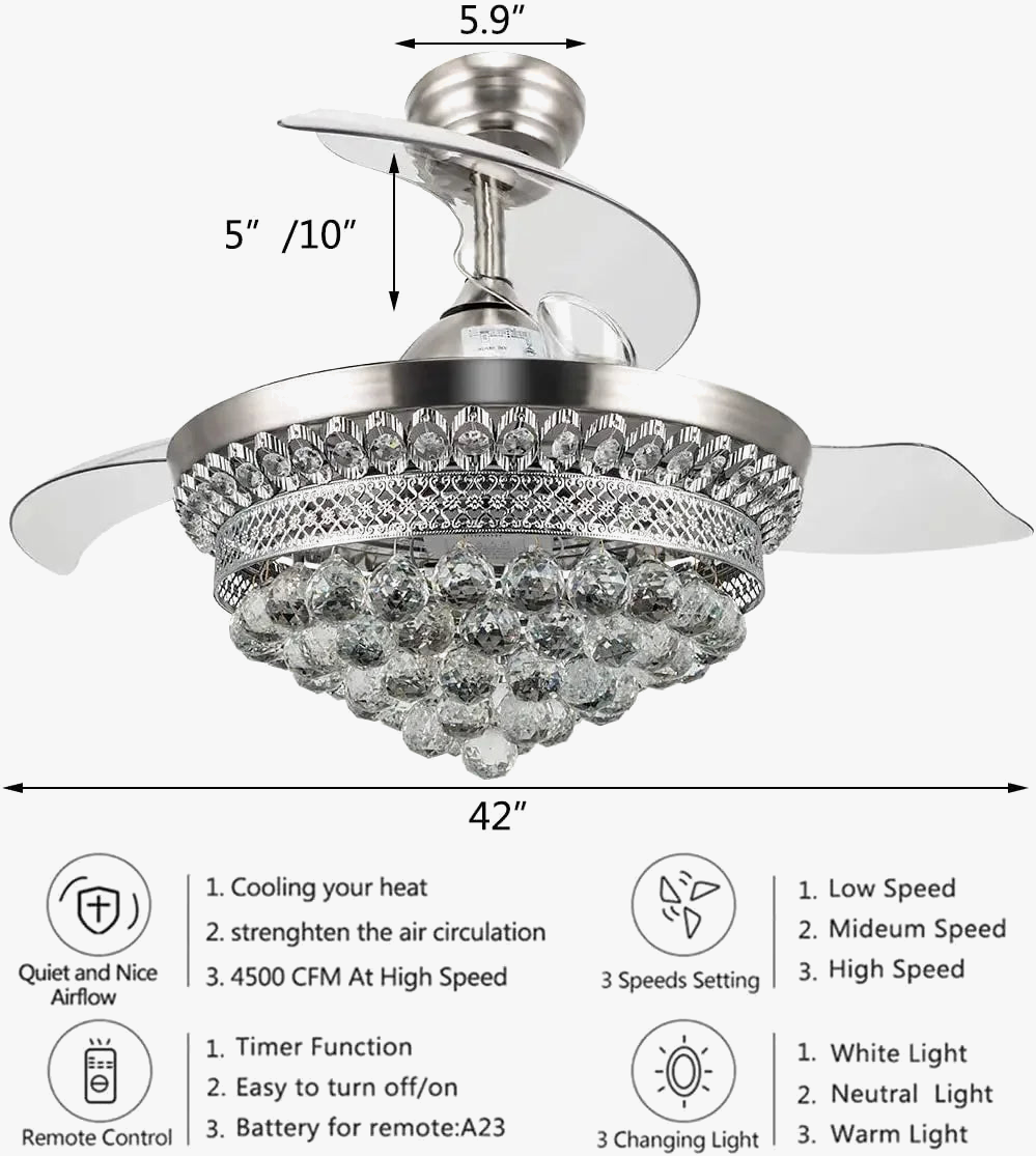 lustre ventilateur chromé en cristal avec lumière led changeante