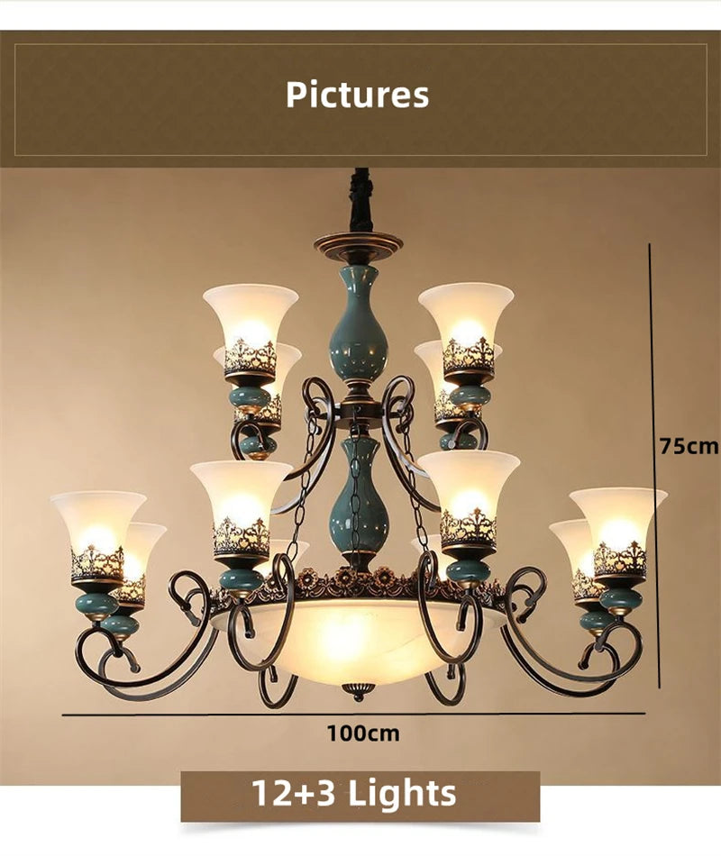 lustre vintage en céramique design classique antique avec abat-jour verre