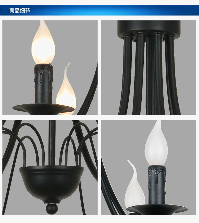lustre vintage en fer forgé avec bougie et métal noir