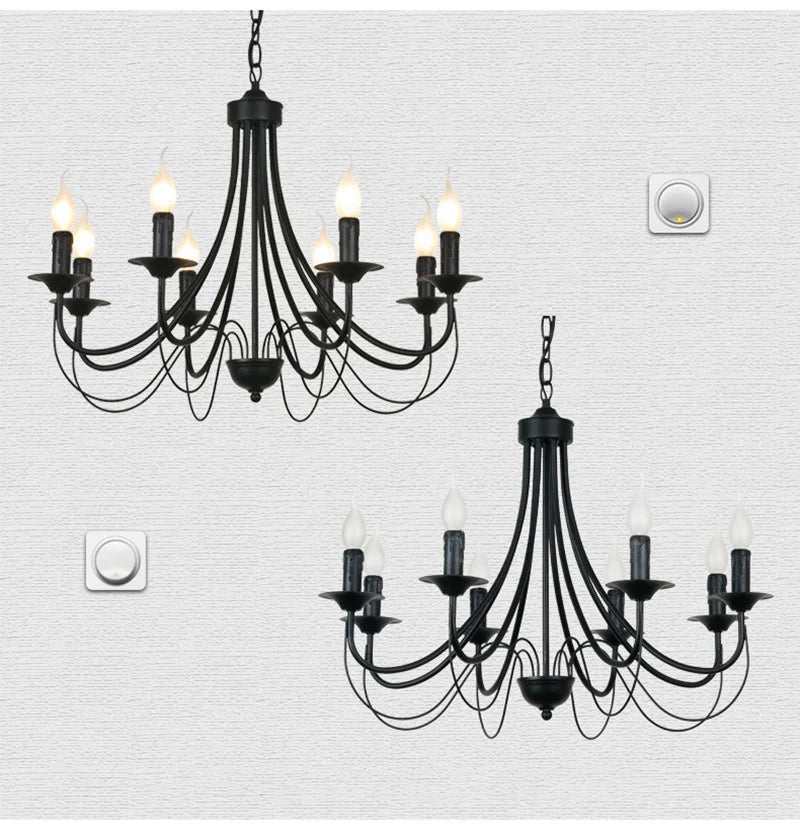 lustre vintage en fer forgé avec bougie et métal noir